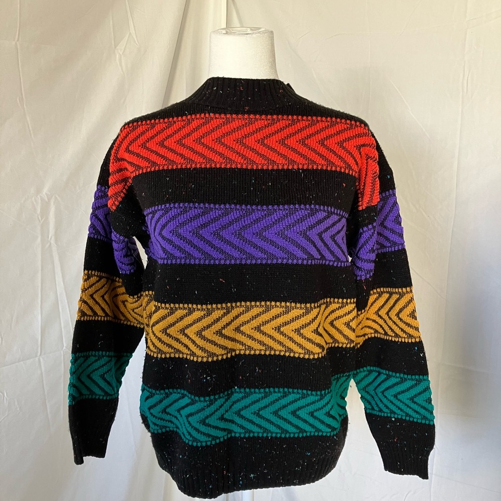 Vintage 80s Sweater Black with Red, Purple, Gold & Teal Stripes-acrylic